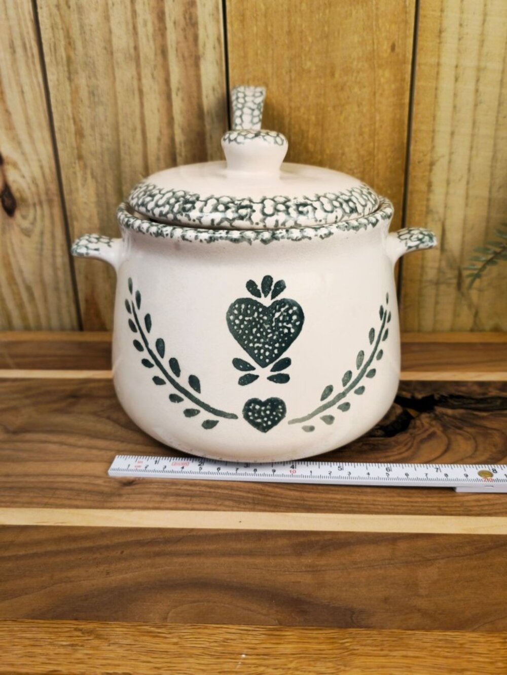 Vintage Corelle Stoneware Green Heart Covered Soup Tureen Been Pot with Ladle - Picture 4 of 11